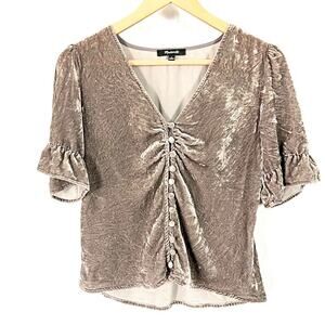 Madewell Daylight Top Blouse Velvet V Neck Button Up Ruffle Sleeve Gray sz 2